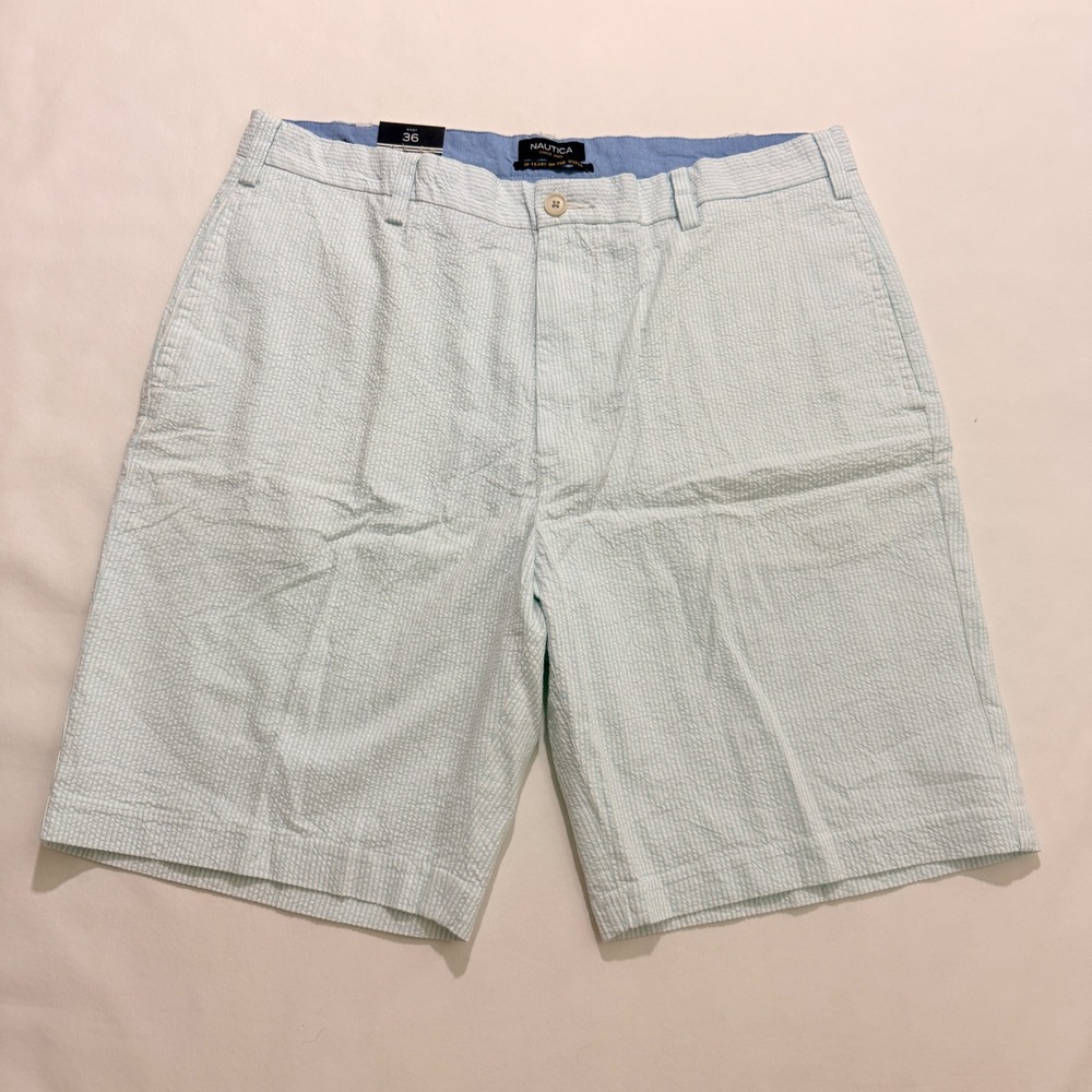 Nautica Seersucker Shorts Mens 36 Blue White Striped A Bit Trimmer Fit Cotton